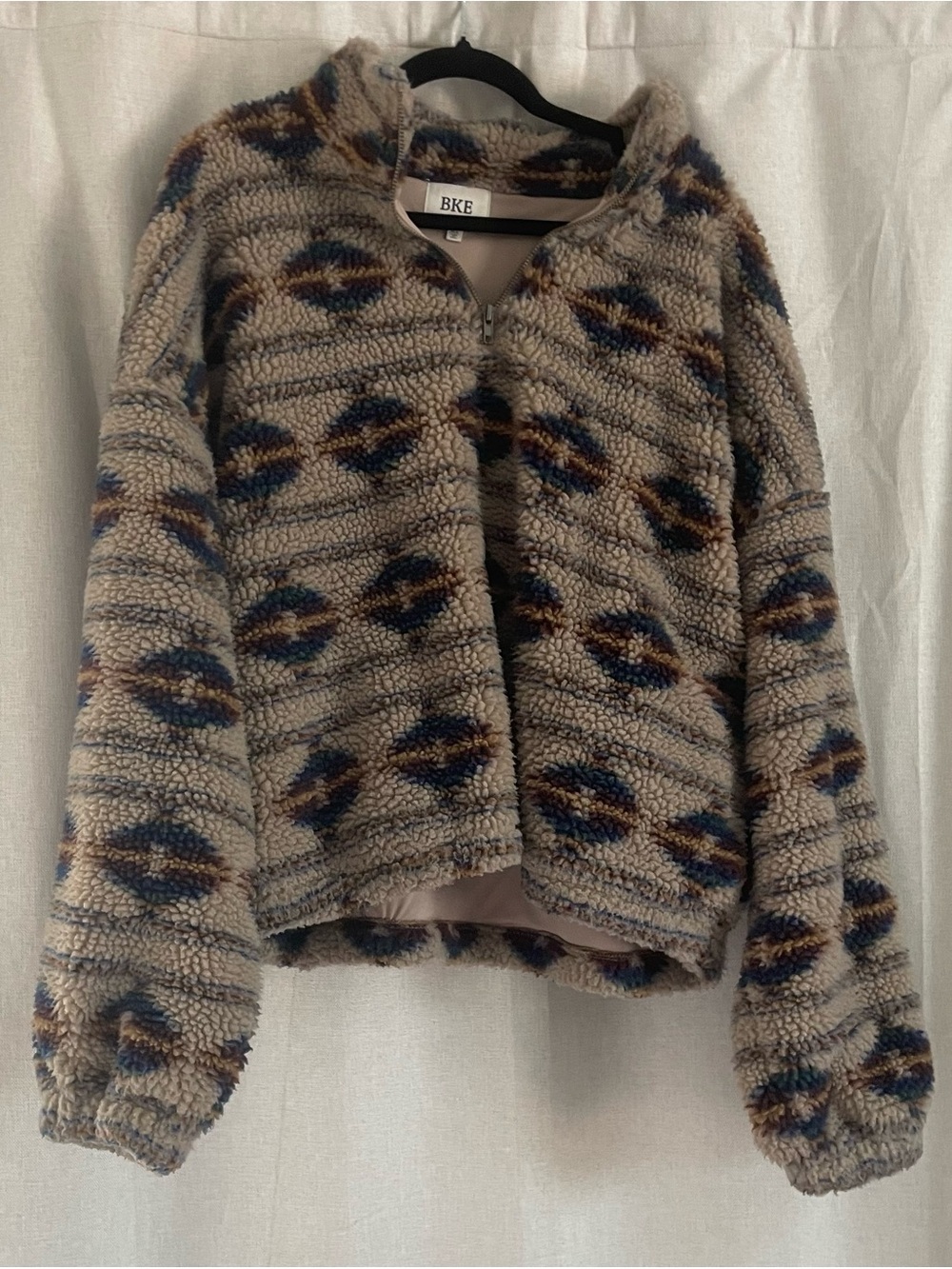BKE Taupe Sherpa Jacket with Blue & Brown Geometric Print